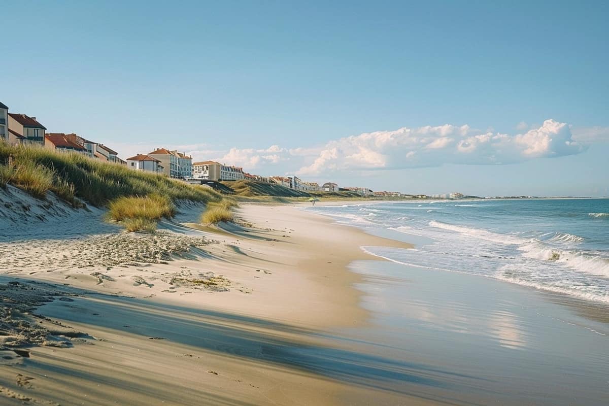 Plage du Touquet à marée basse, dunes et pins sous lumière douce