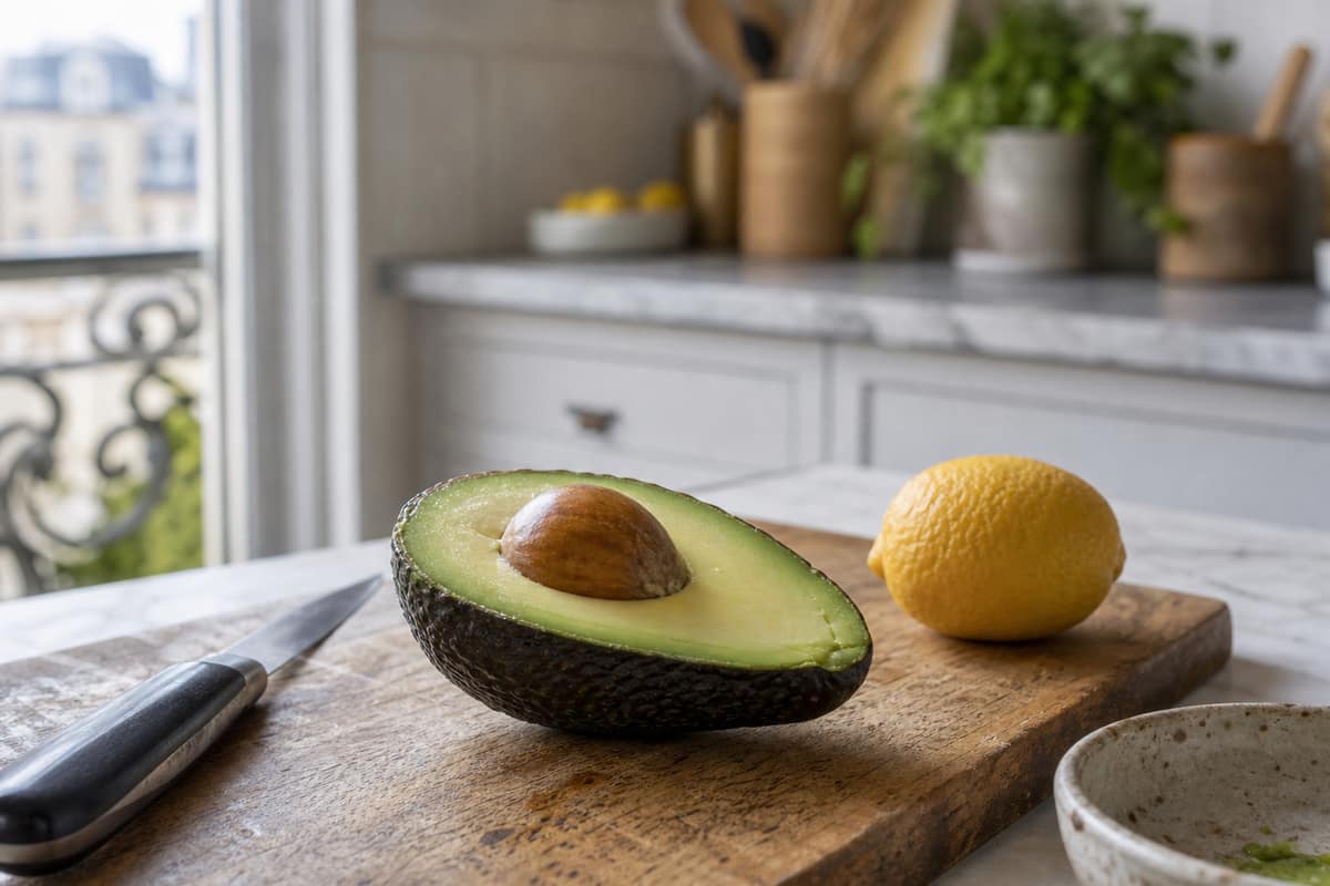 Moitié d'avocat fraîchement coupée avec un citron sur une planche