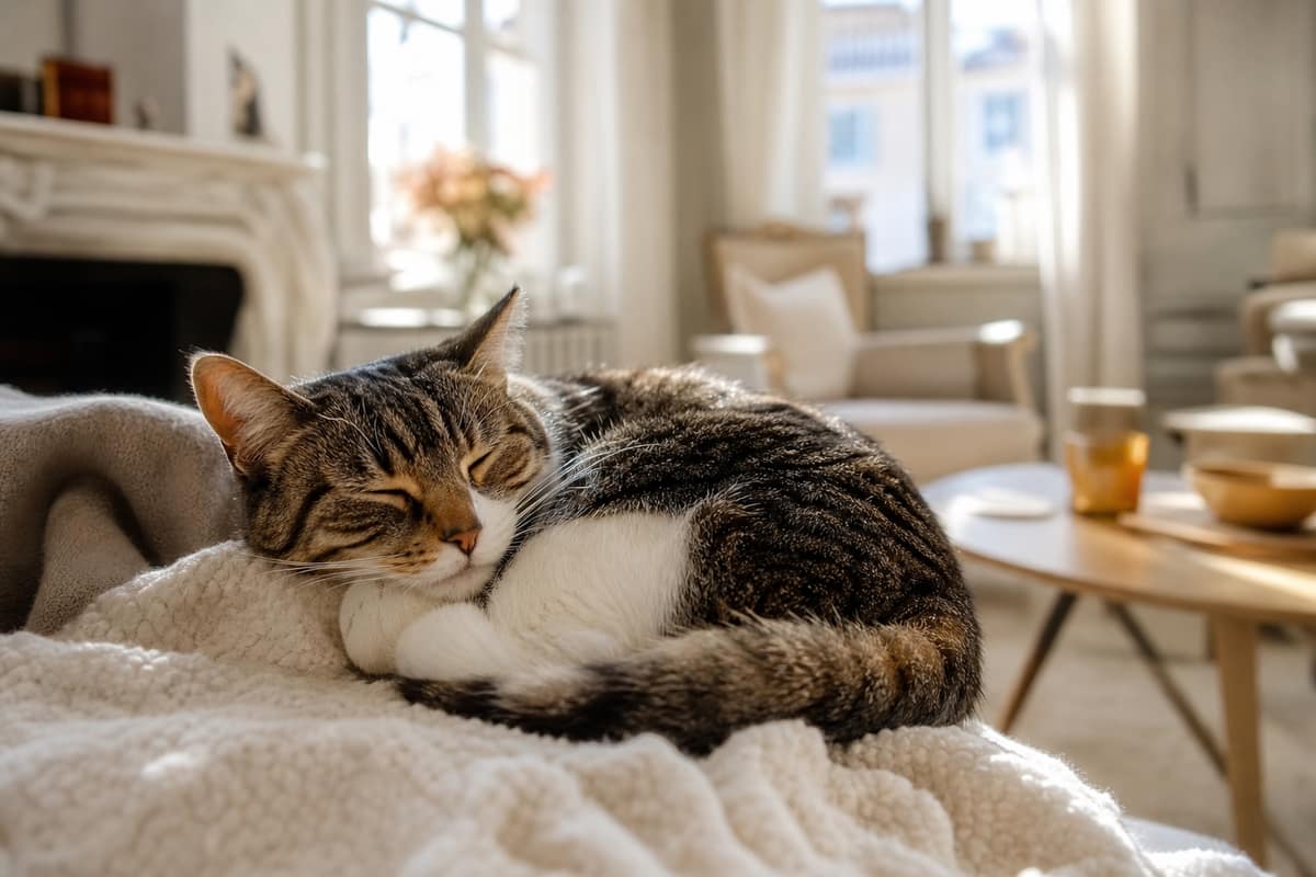 Chat détendu ronronnant, roulé en boule sur une couverture au soleil