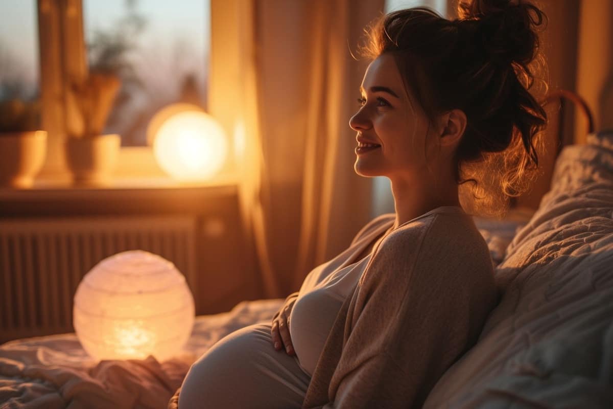 Femme enceinte soutenue par son partenaire lors de contractions nocturnes à domicile