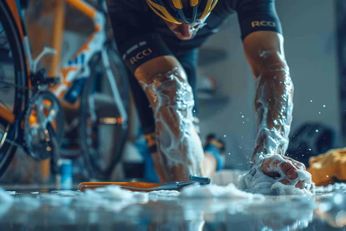 Cycliste rasant soigneusement sa jambe près de son vélo de route