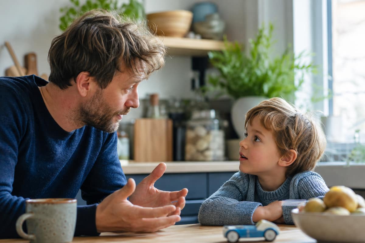 Parent qui répond avec attention aux questions d'un jeune enfant