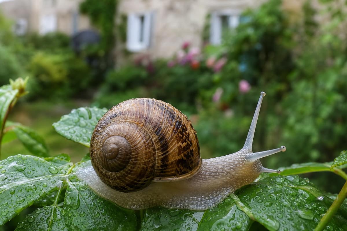Escargot sur des feuilles mouillées après la pluie dans un jardin