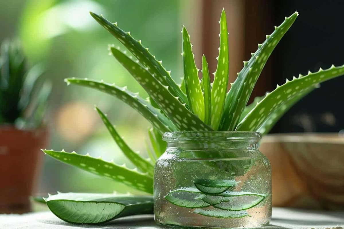 Feuilles d’aloé vera souples dans un pot en terre cuite