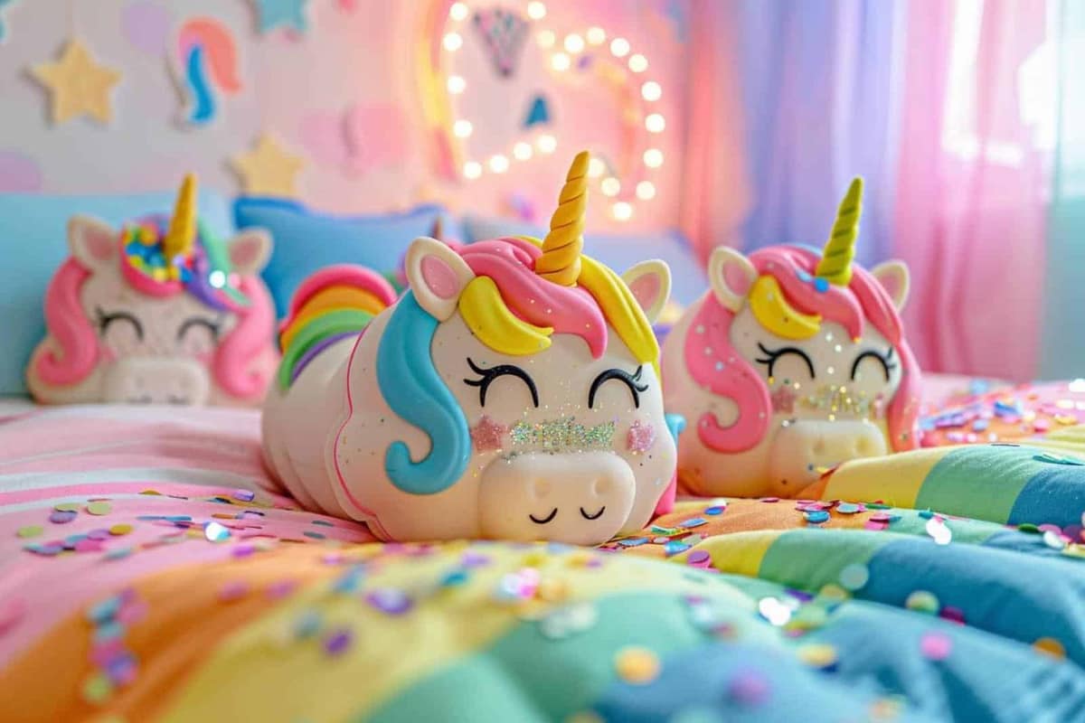 Décoration licorne pastel, smartphone et accessoires créatifs colorés sur une table