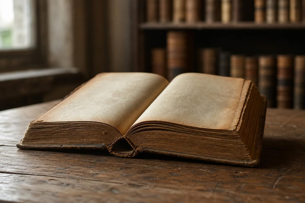 Vieux livre ouvert aux pages jaunies posé sur une table en bois