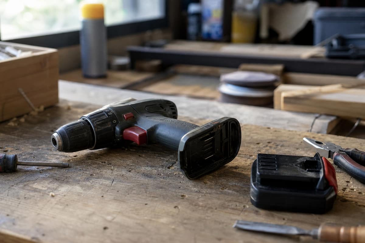 Perceuse-visseuse sans fil posée sur un établi avec sa batterie