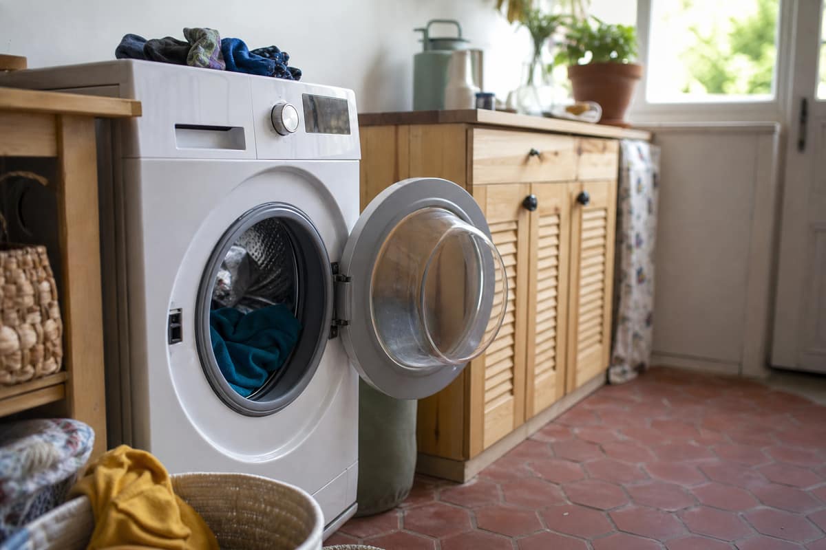 Chaussettes dépareillées posées sur un lave-linge à hublot ouvert