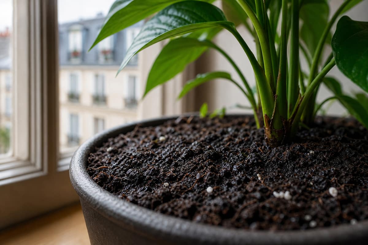 Plante verte en pot sur un rebord de fenêtre avec terreau humide