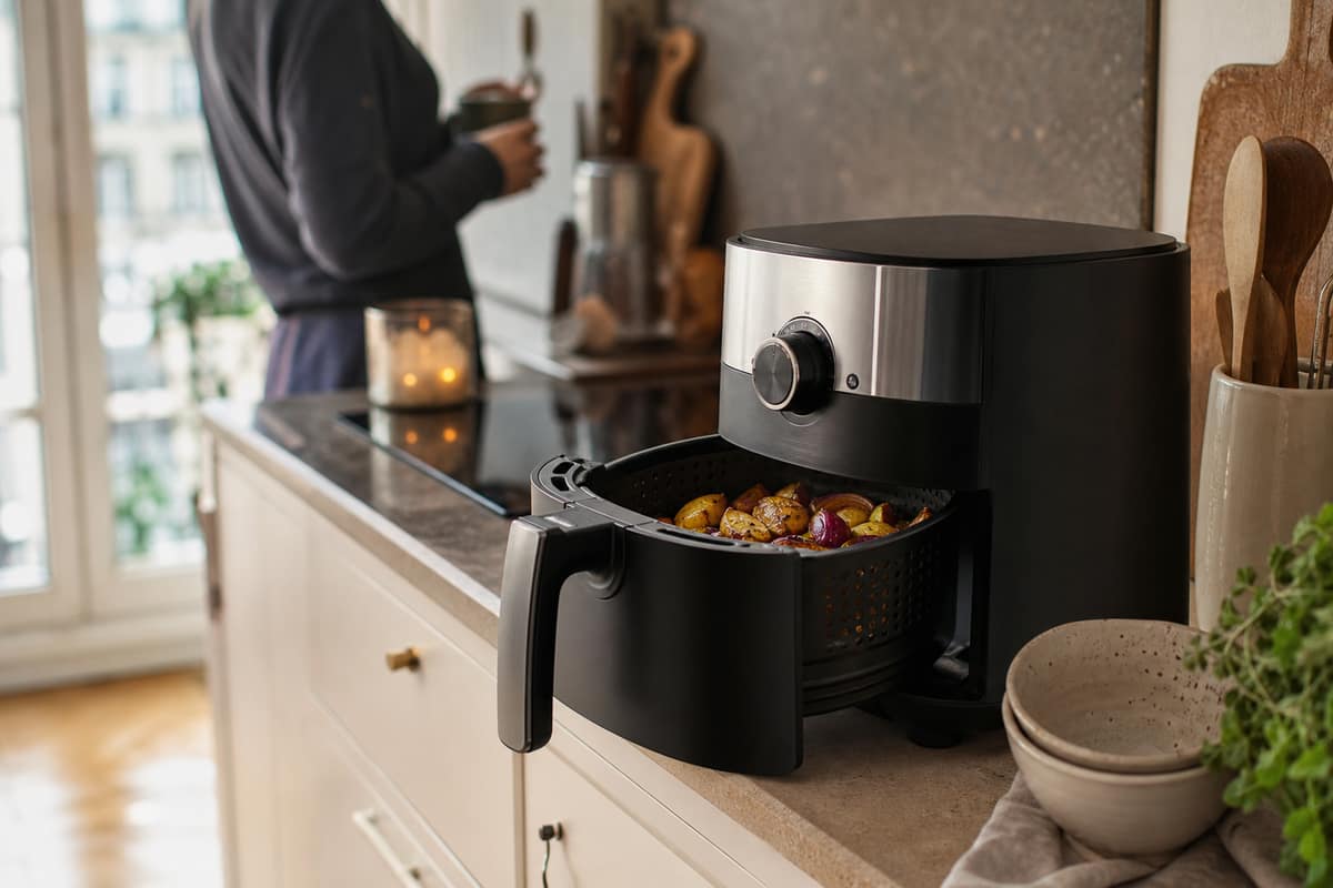 Airfryer ouvert avec légumes rôtis sur un plan de travail de cuisine