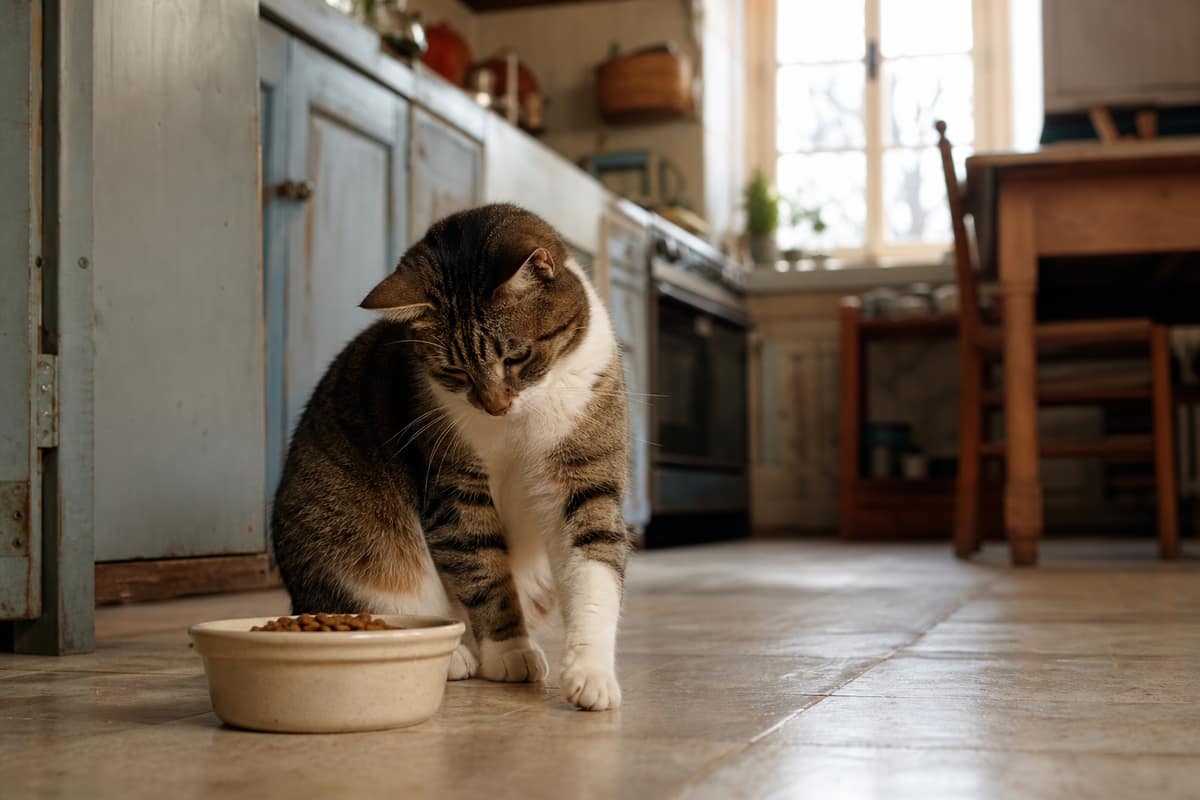 Chat grattant le sol du bout de la patte près de sa gamelle