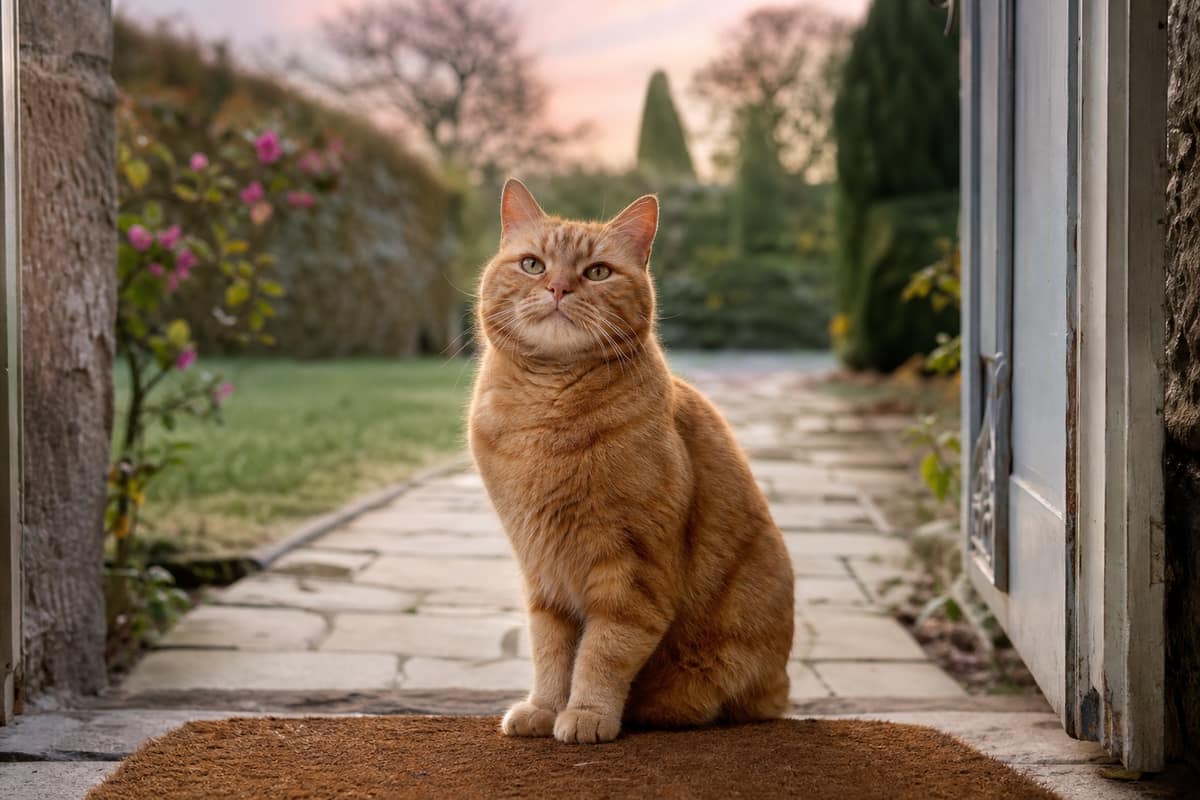 Chat roux assis sur le paillasson d’une porte de jardin au lever du jour