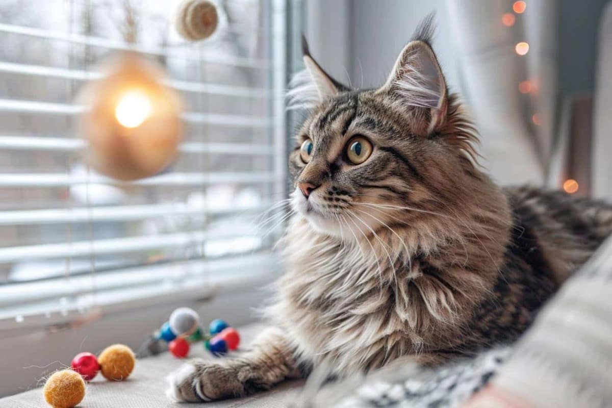 Chat européen assis près de sa litière dans un appartement lumineux