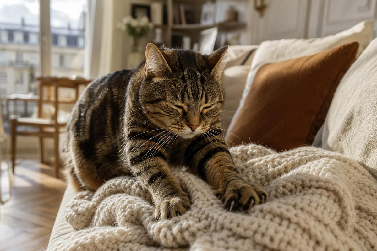 Chat tigré qui pétrit un plaid en grosse maille, les yeux mi-clos, sur un canapé