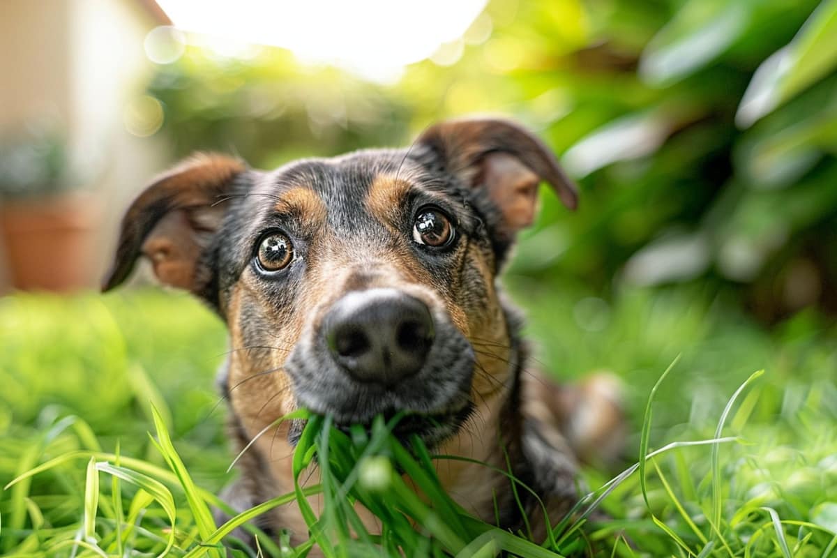 Chien brun qui broute quelques brins d’herbe dans un jardin non traité
