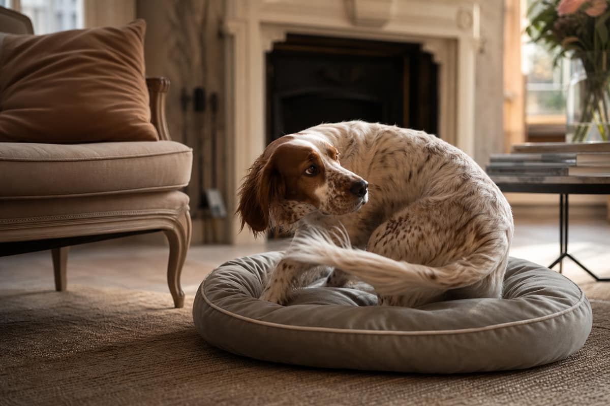 Chien qui tourne sur lui-même dans son panier avant de s'allonger