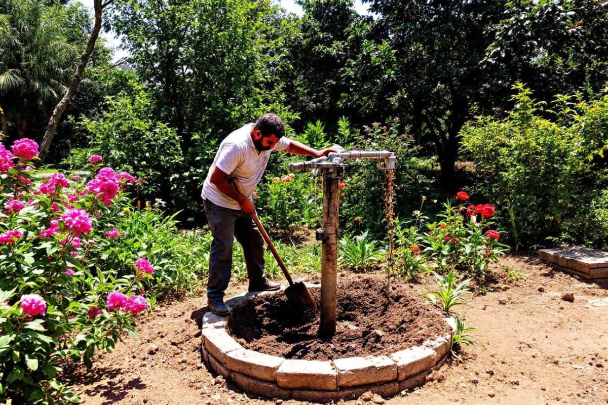 Tête de forage sécurisée reliée à un réseau d’arrosage dans un jardin