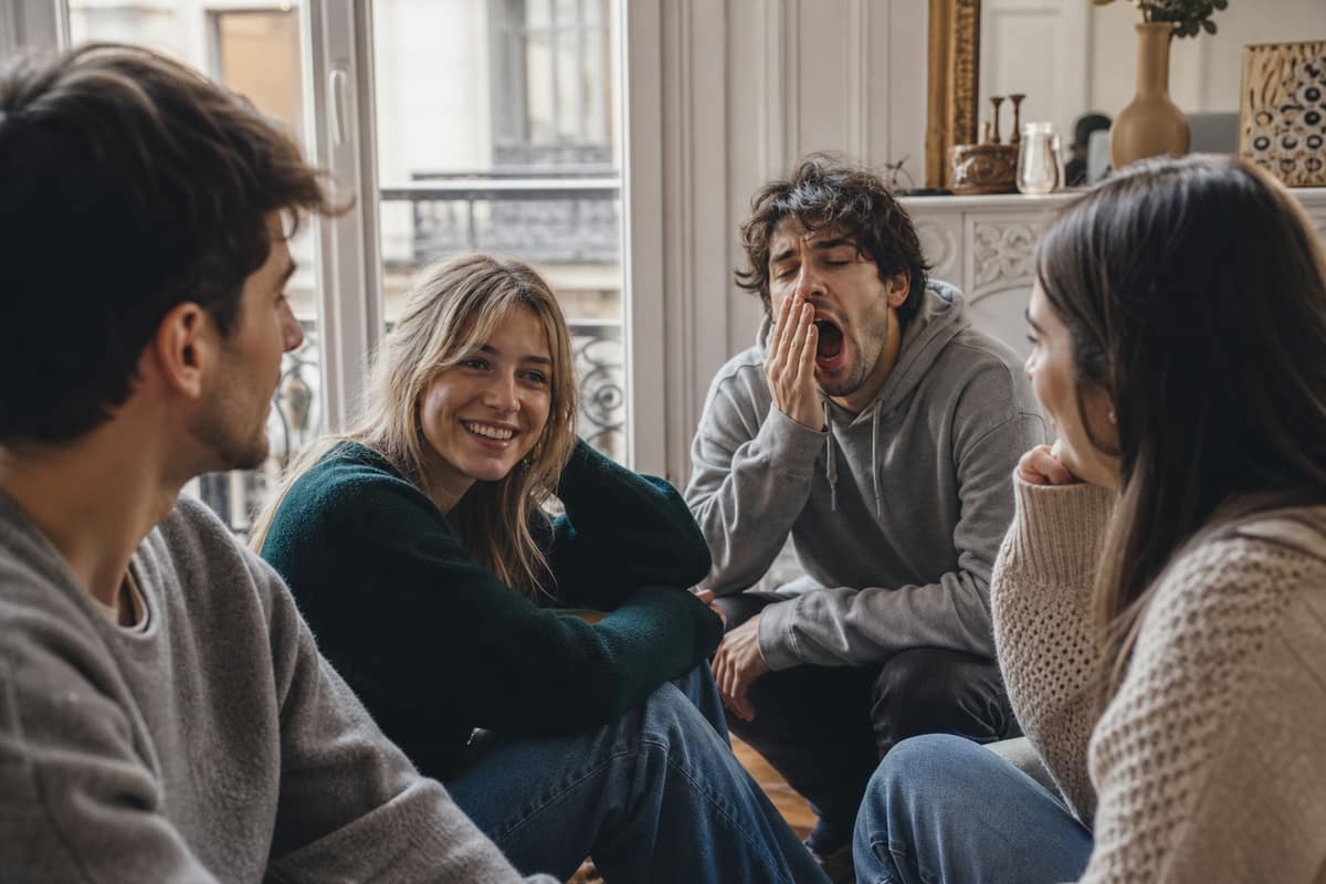 Personne qui bâille naturellement en présence d'amis dans un salon
