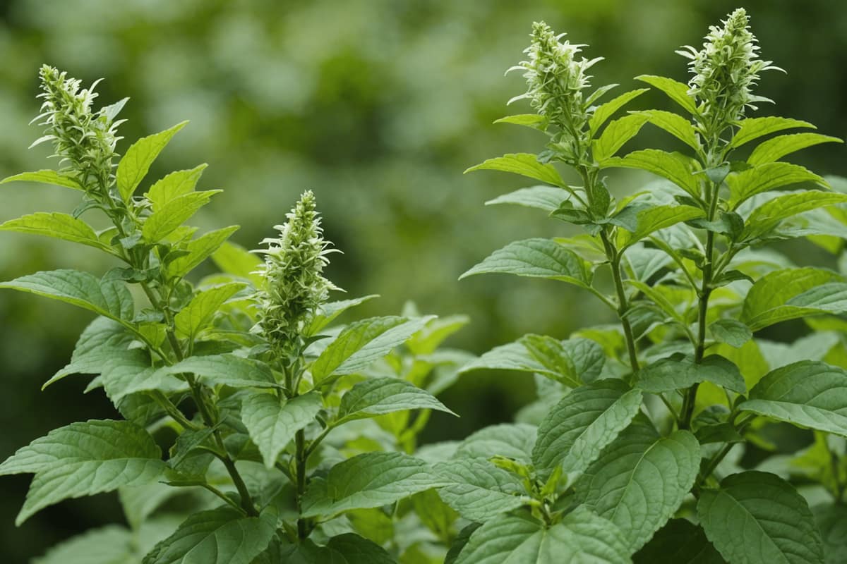 Feuilles de tulsi séchées, théière en verre et tasse sur table en bois