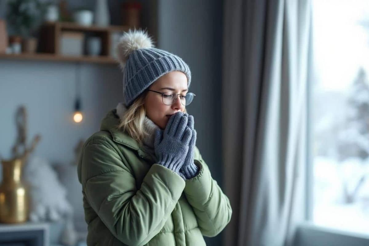 Salon en hiver avec thermostat à 19 °C, radiateur et fenêtre froide