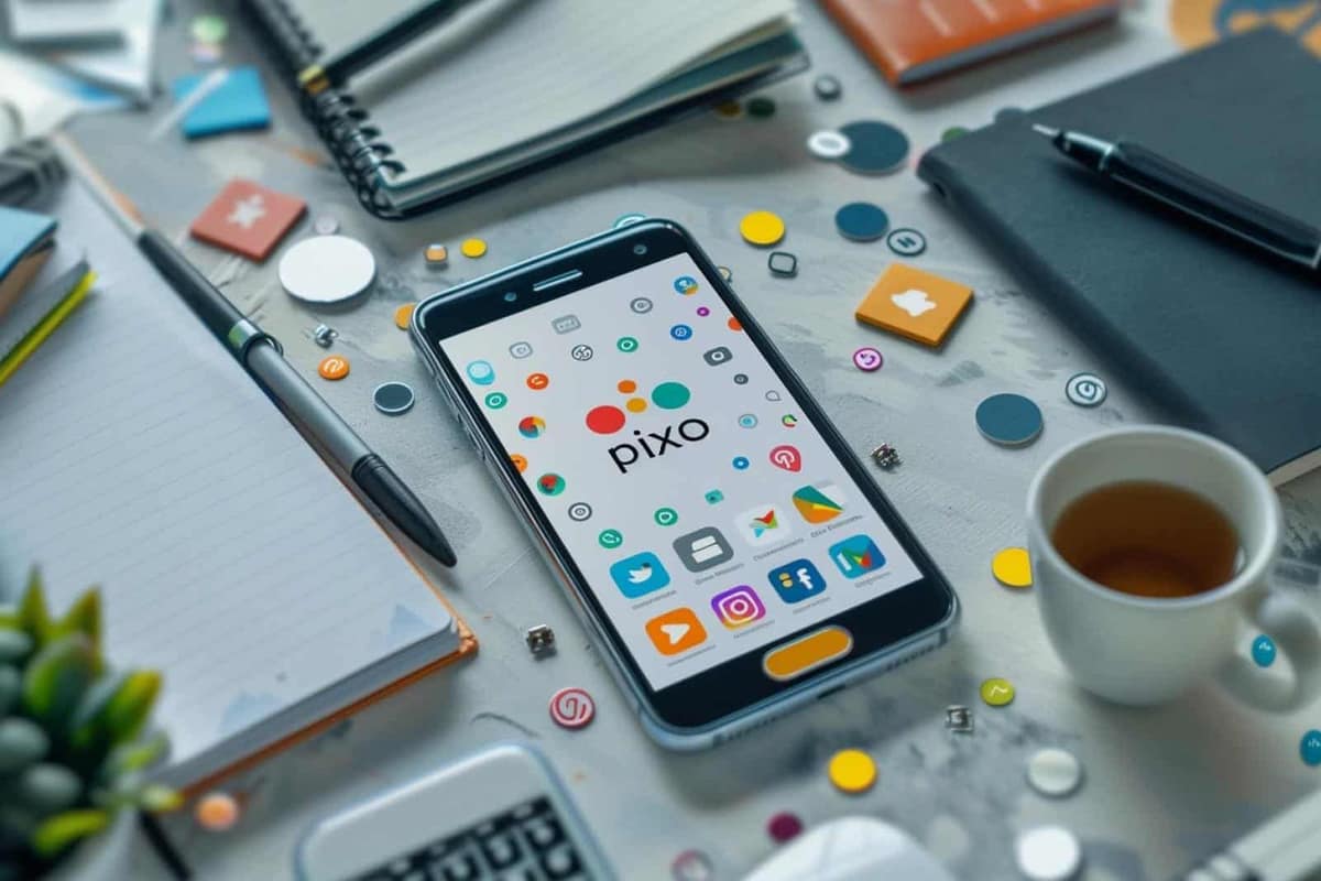 Écran d’ordinateur affichant une grille de pixel art et un smartphone