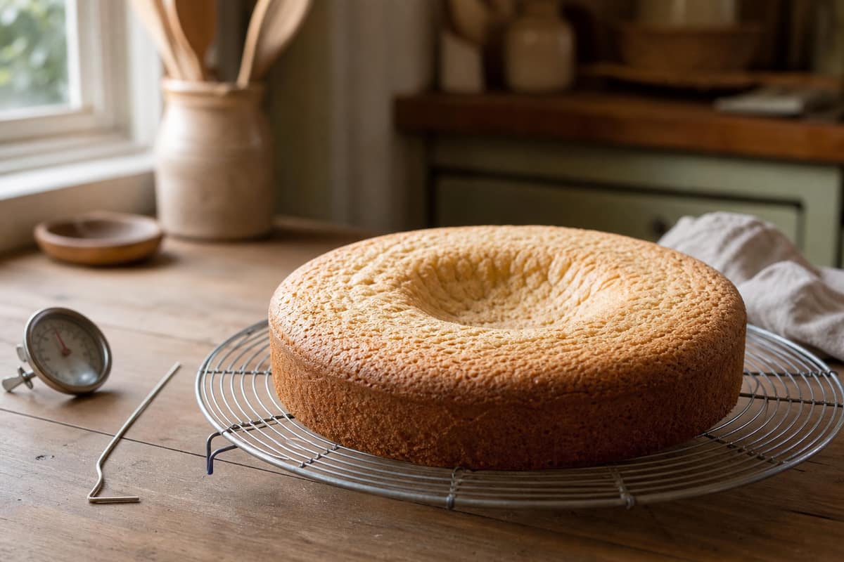 Gâteau rond affaissé en son centre posé sur une grille de refroidissement, près d’un thermomètre de four