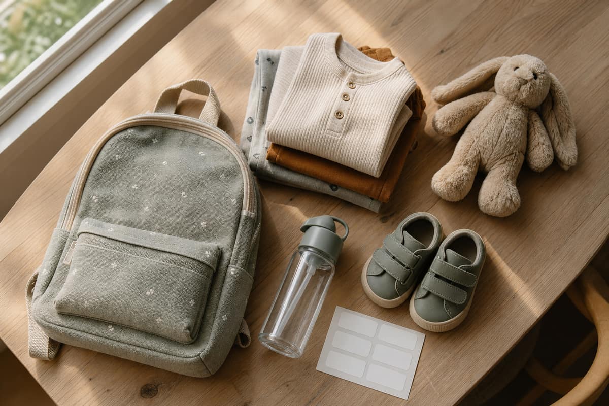 Petit sac à dos souple, vêtements de rechange, chaussons à scratch et doudou posés sur une table en bois