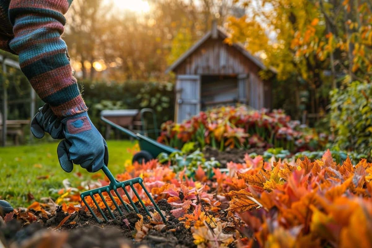Pots protégés et paillage de feuilles dans un jardin à l’automne