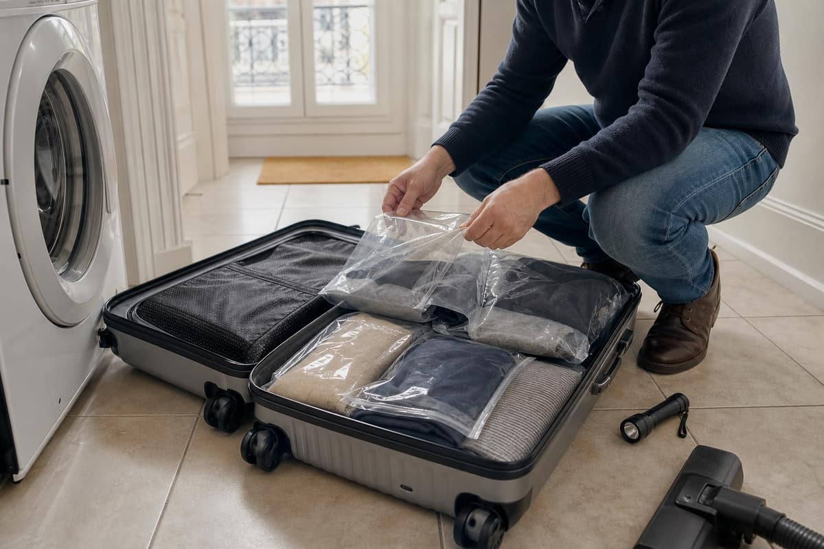 Valise ouverte dans une buanderie avec vêtements placés dans des sacs