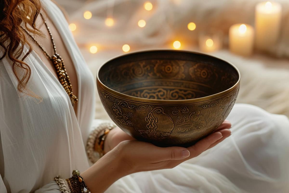 Bol tibétain en laiton, mailloche en bois et coussin de méditation