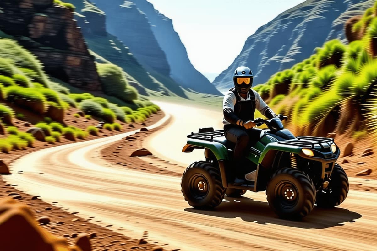 Quad garé près d’une route volcanique avec vue sur les reliefs de Tenerife