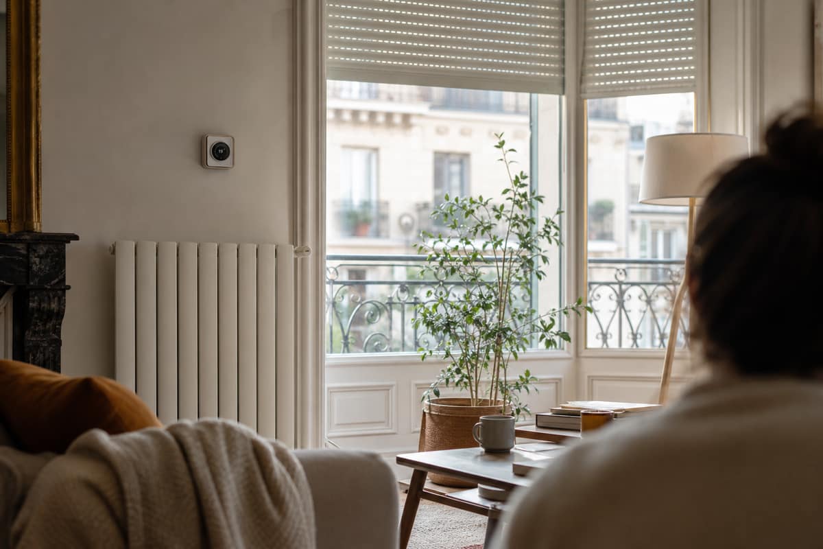 Thermostat près d’un radiateur dans un salon français lumineux en automne
