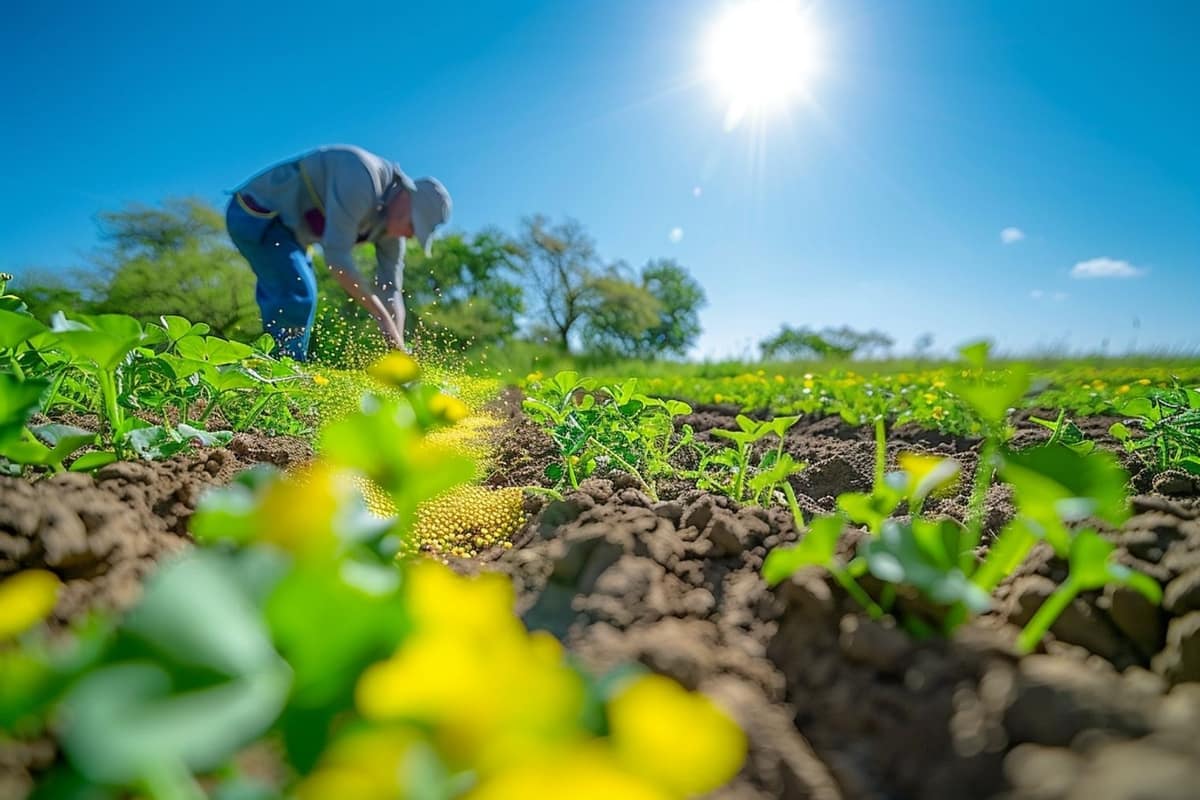 Semis de moutarde en sillons dans une planche de potager fraîchement préparée