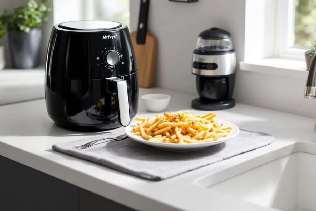 Airfryer ouvert avec pinces silicone, vaporisateur d’huile, moule et papier perforé