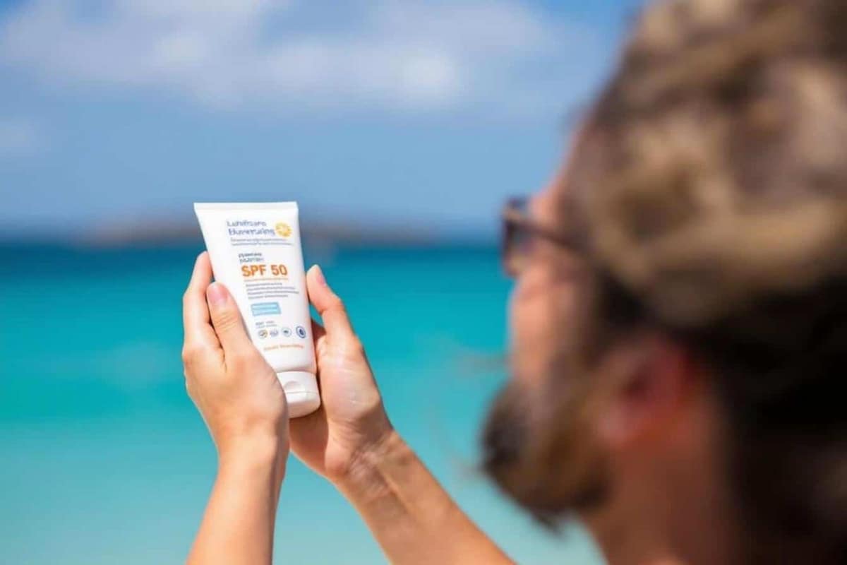 Tube de crème solaire et chapeau posés sur une serviette de plage