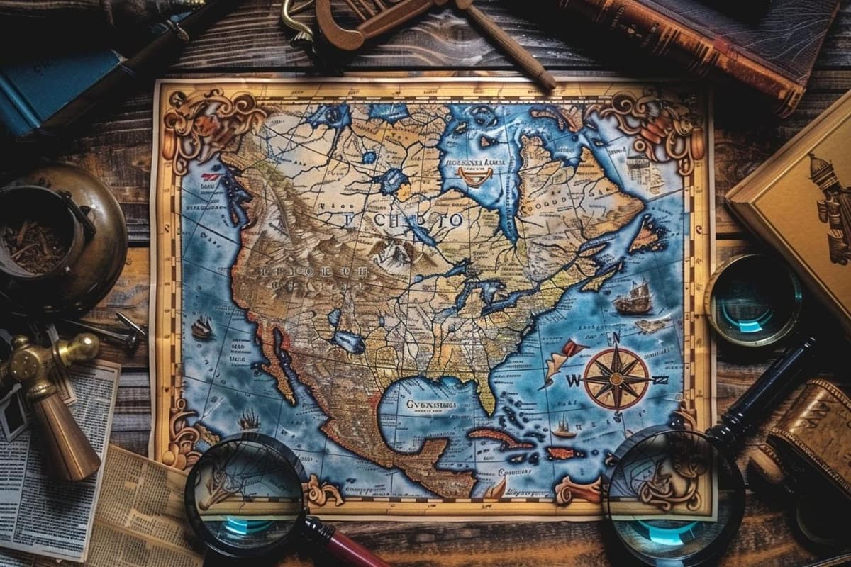 Carte topographique du Québec pliée avec boussole sur une table en bois