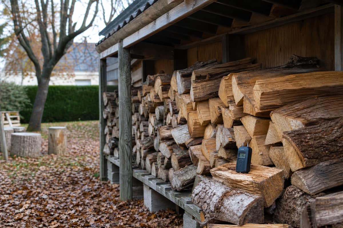 Bûches fendues sèches empilées sous un abri de jardin ventilé