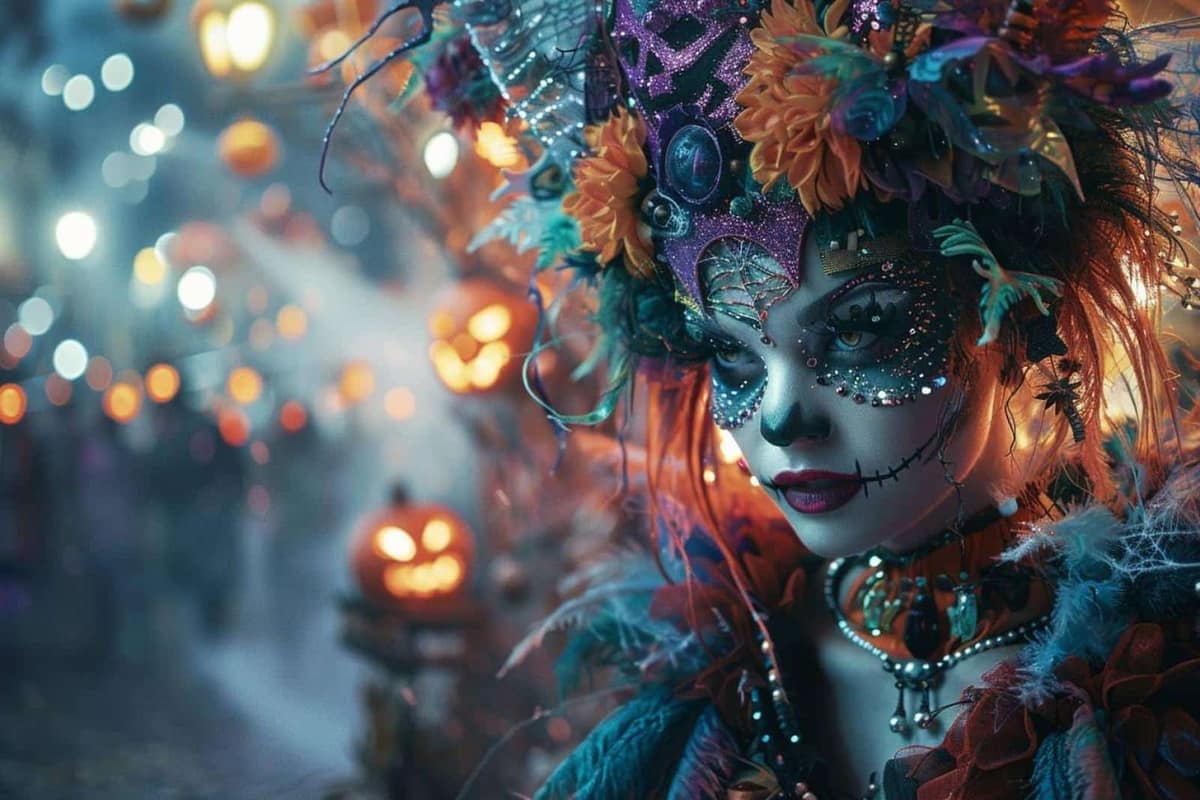 Cape bordeaux, couronne végétale et maquillage pour un déguisement d’Halloween élégant