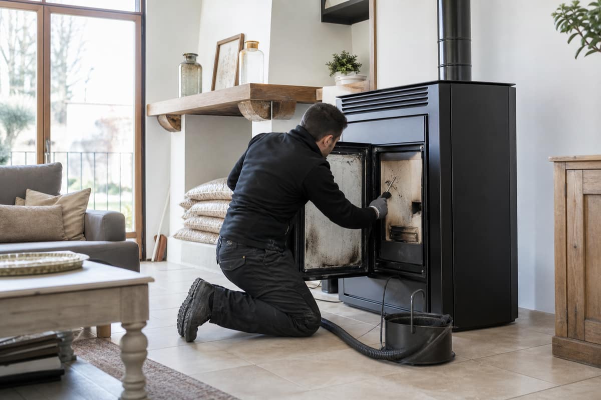 Technicien nettoyant le foyer refroidi d’un poêle à granulés moderne
