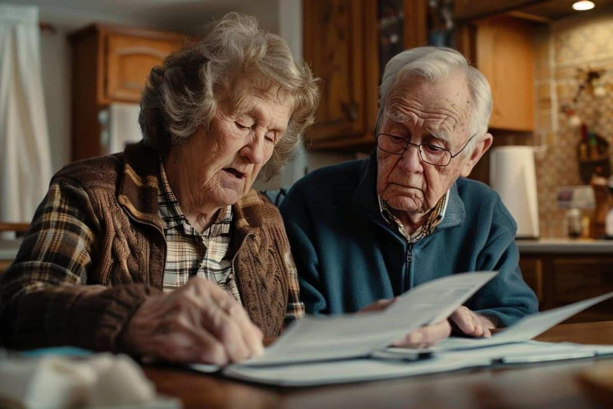 Couple senior comparant des documents d’assurance à une table de cuisine