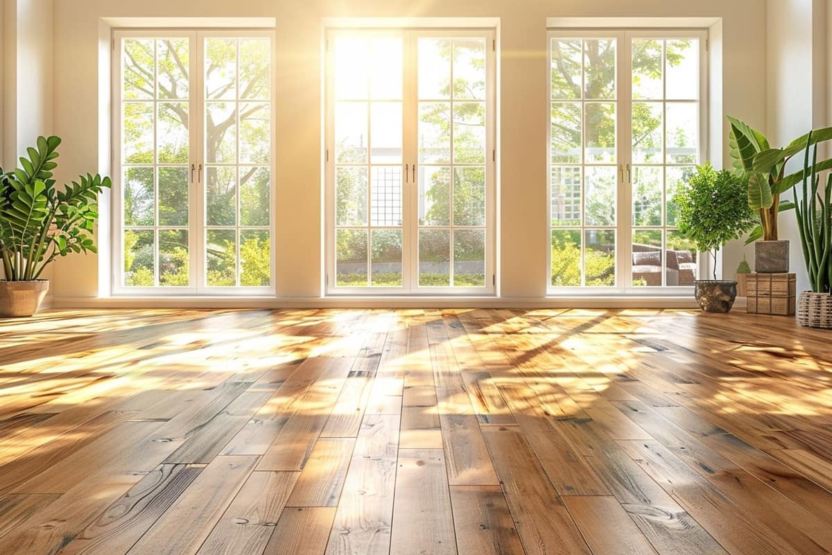 Échantillons de parquet, carrelage et sol vinyle dans un salon lumineux