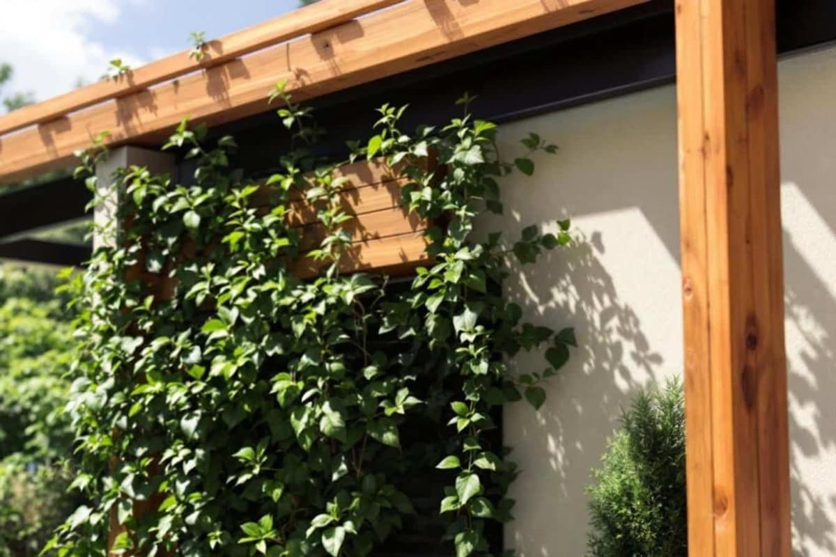 Pergola aluminium adossée sur une terrasse pavée dans un jardin français