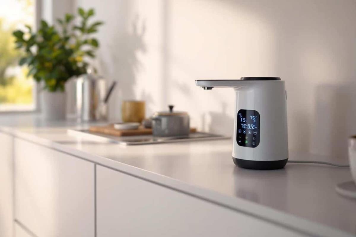 Cumulus vertical de 200 litres installé dans une buanderie avec raccordements visibles