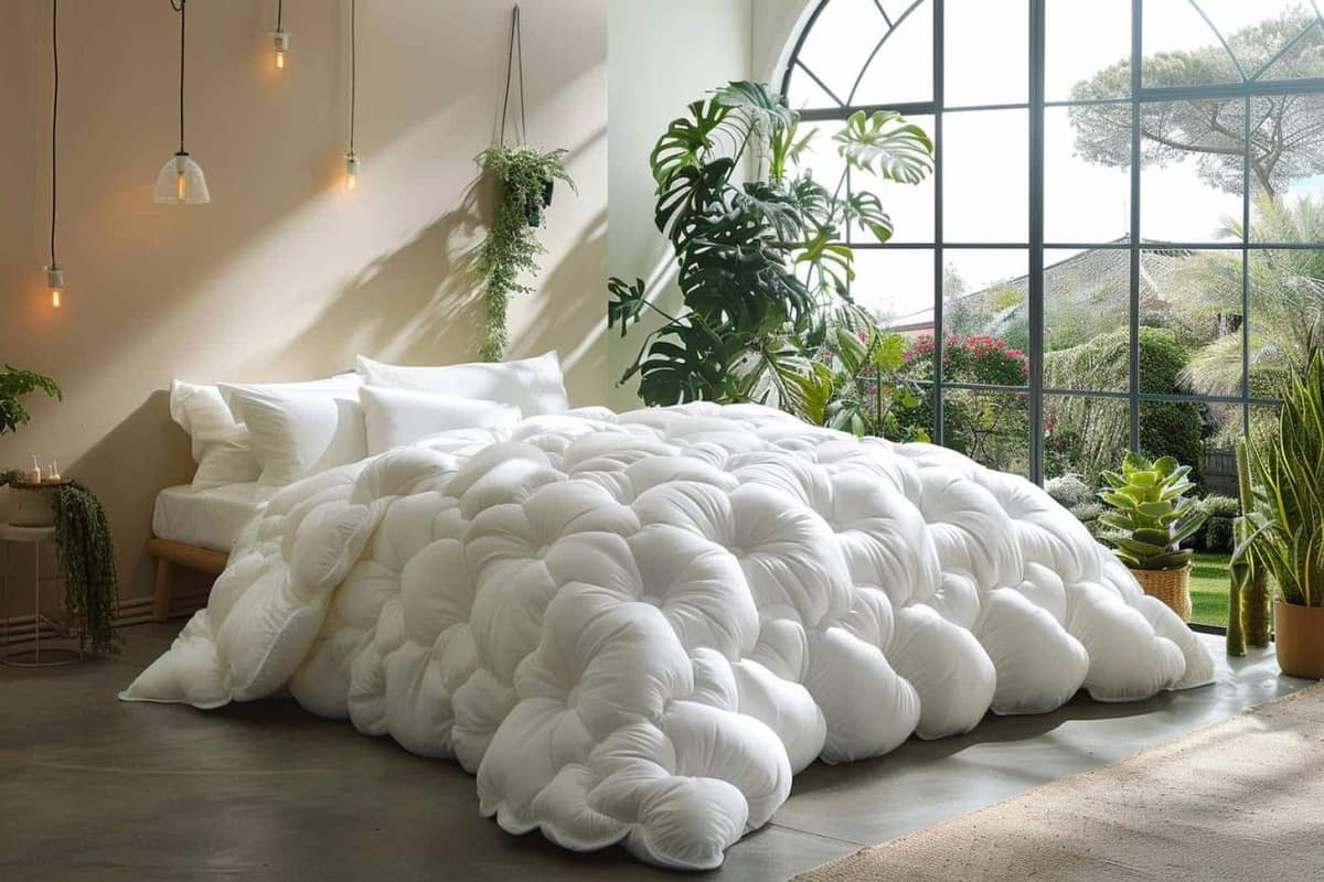 Couette blanche gonflante sur un lit avec linge en coton clair