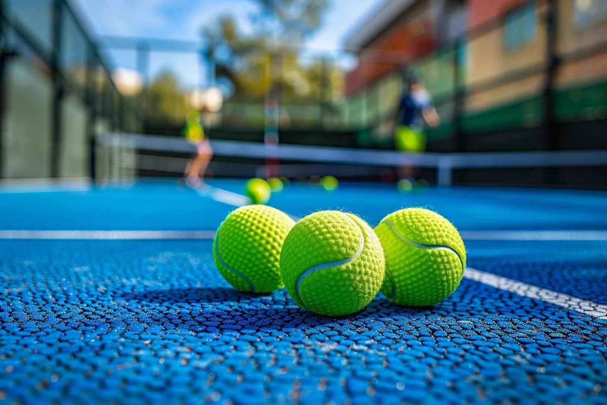 Trois balles de padel sur gazon synthétique près d’un tube ouvert