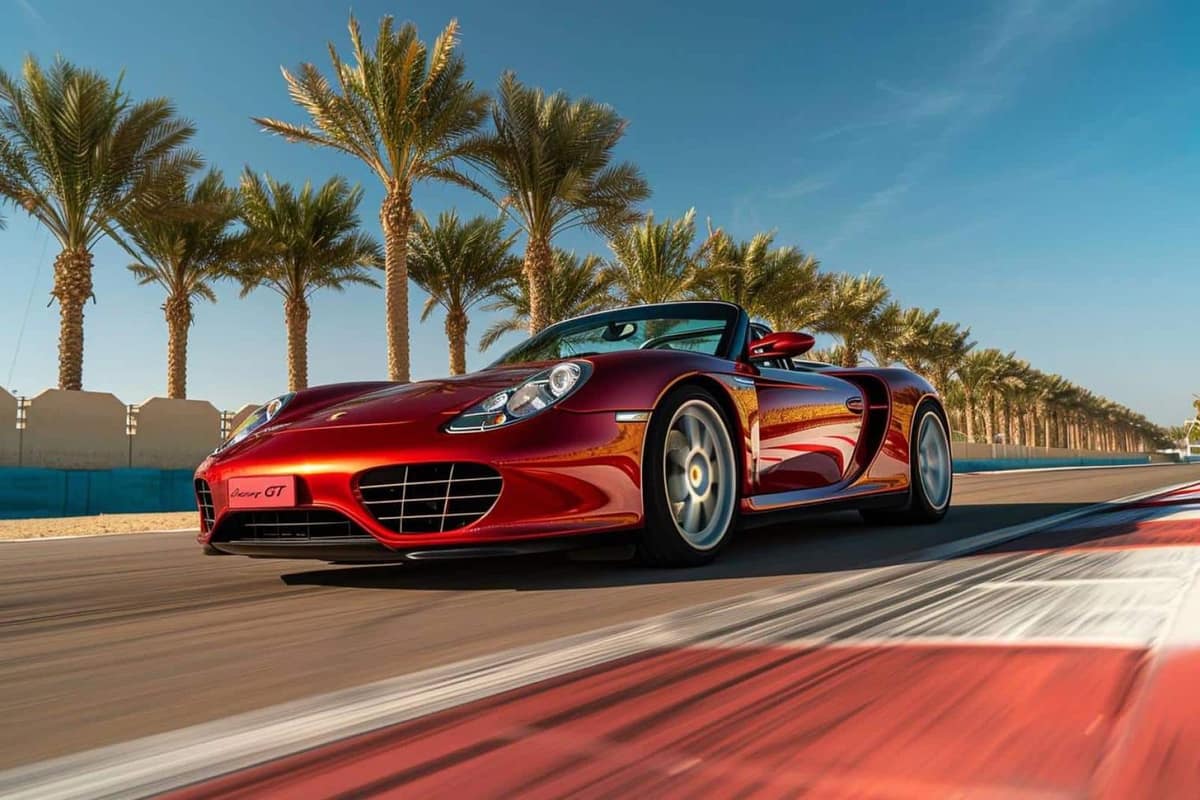 Supercar grise à moteur central sur paddock de circuit avec aileron déployé