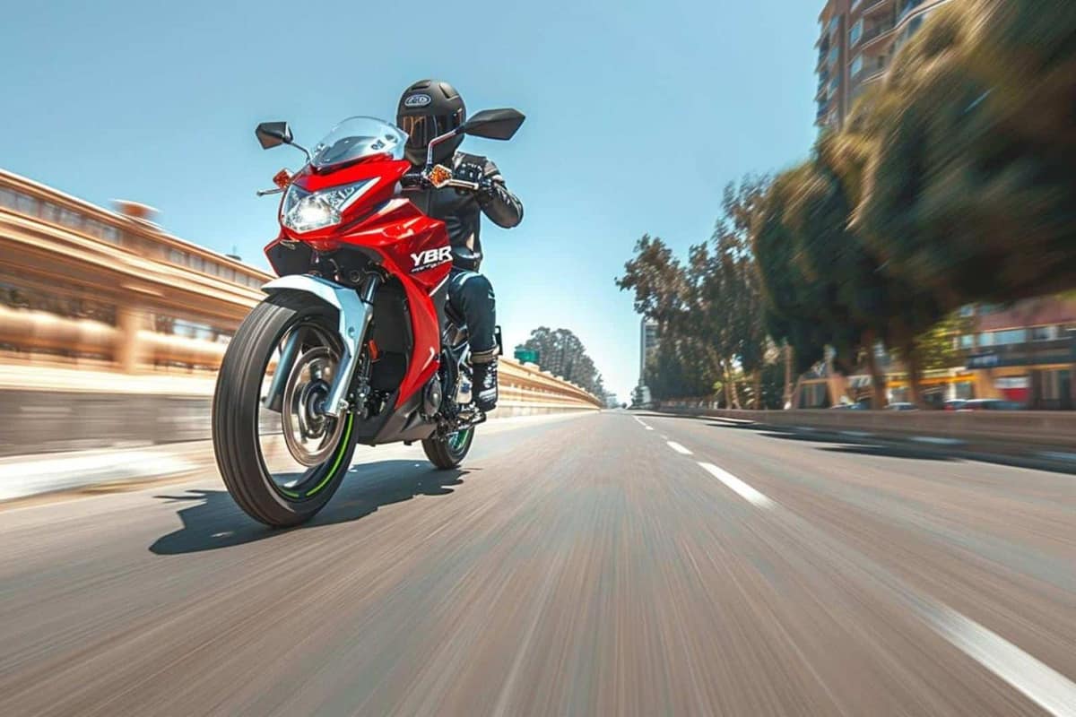 YBR 125 stationnée sur une route départementale française, vue de trois quarts