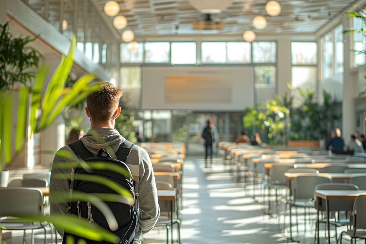 Salariée de dos suivant une formation sur ordinateur dans un bureau lumineux