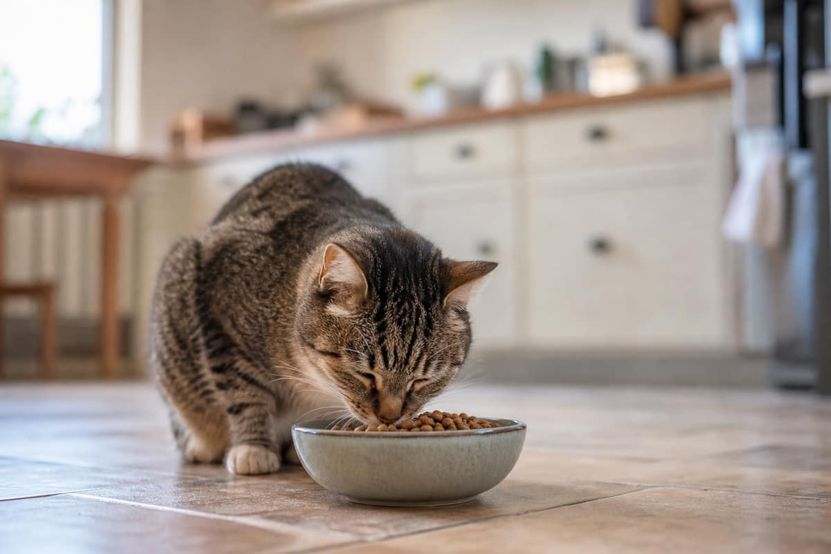 Chat mangeant des croquettes dans une gamelle en céramique