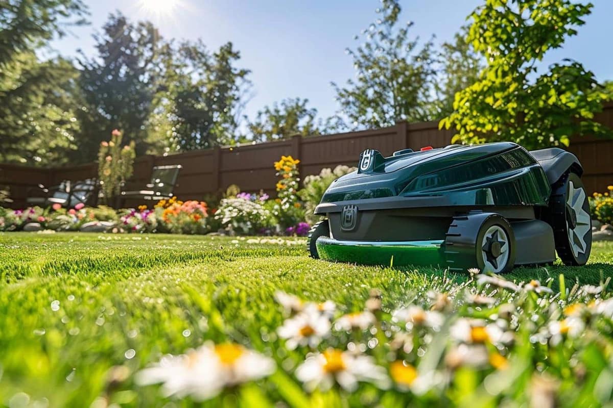 Tondeuse à batterie et batterie amovible sur une pelouse de jardin français